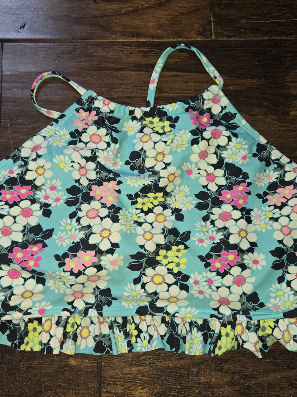California Waves Aqua Floral High-Neck Ruffle Two-Piece Women's Swim Set, sz L/M